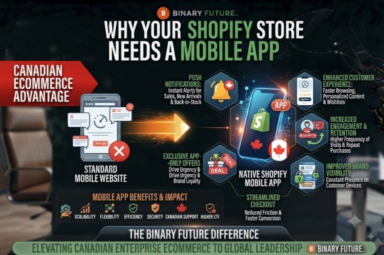 Decision path for a Shopify mobile app in 2026, comparing mobile web, the Shop app and a branded app, by Binary Future.