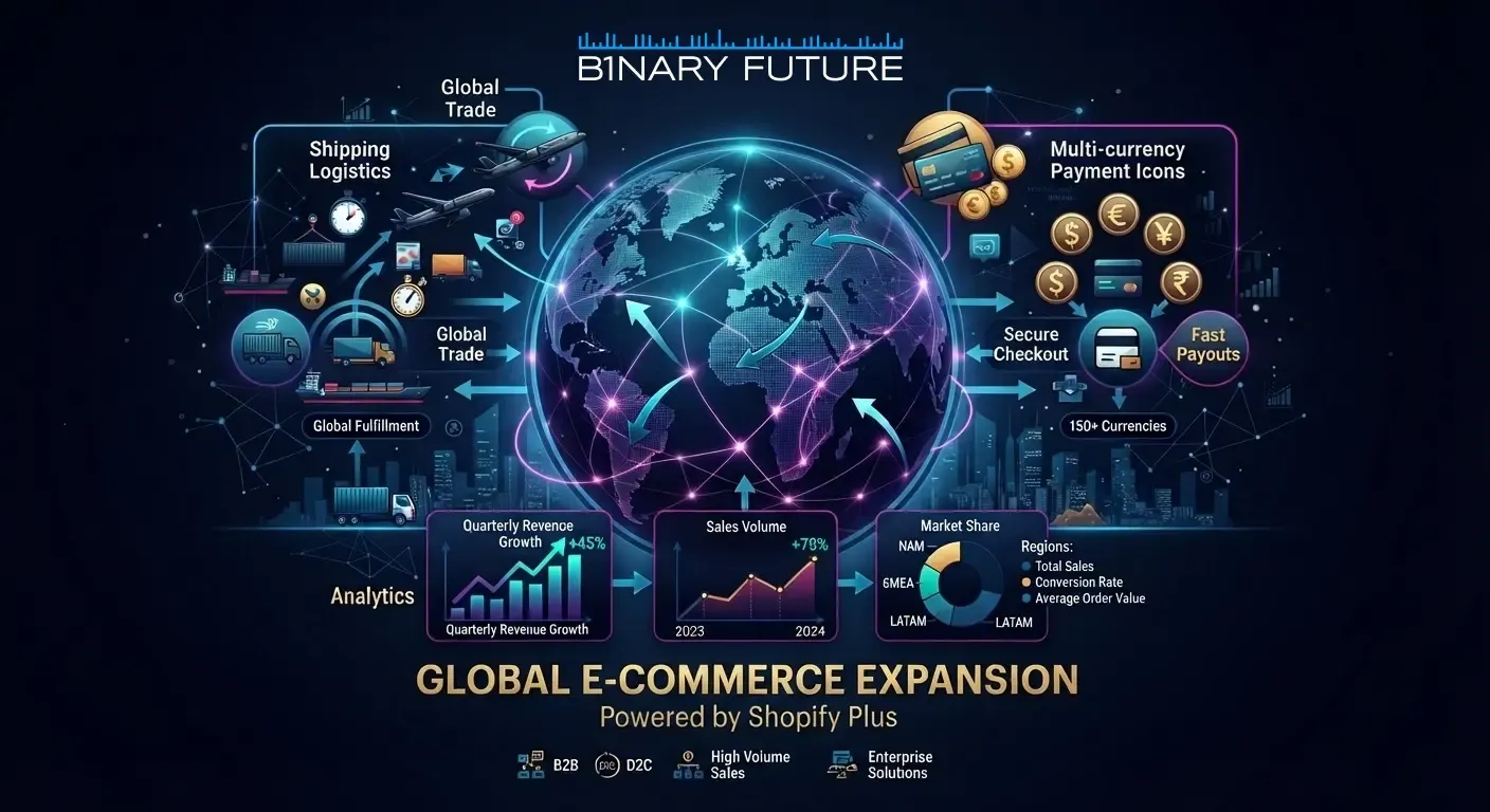 Shopify Plus global expansion showing Markets, multi-store, duty automation and localized fulfillment for Canadian brands, by Binary Future. Shopify Plus global expansion showing Markets, multi-store, duty automation and localized fulfillment for Canadian brands, by Binary Future.
