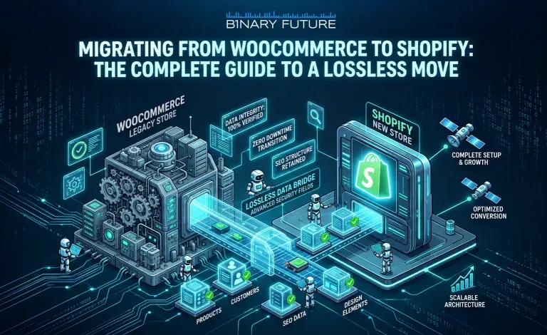WooCommerce to Shopify migration in three phases covering planning, technical transfer and post-launch growth, by Binary Future.