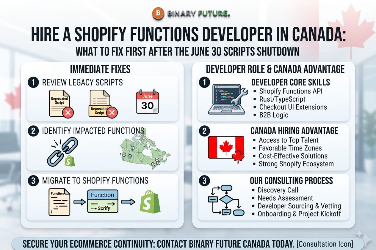 Audit path from deactivated Shopify Scripts to Shopify Functions after the June 30, 2026 shutdown, by Binary Future. Audit path from deactivated Shopify Scripts to Shopify Functions after the June 30, 2026 shutdown, by Binary Future.