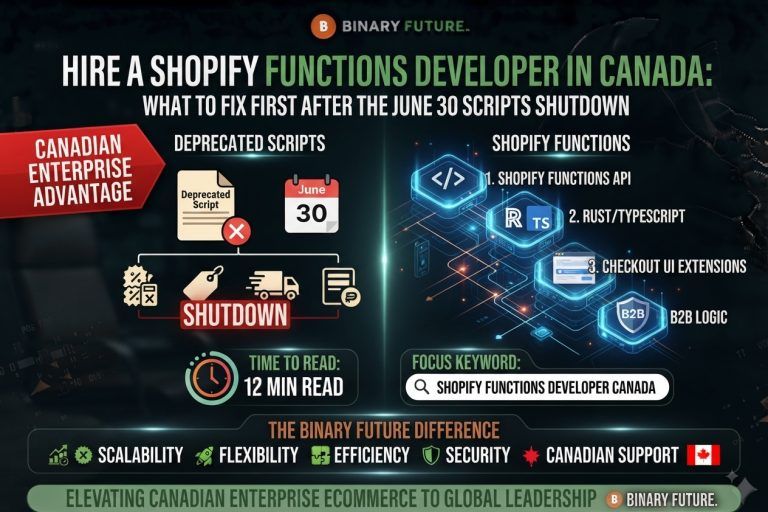 Recovery path from Additional Scripts to Web Pixels and app extensions after the August 26, 2026 Shopify checkout auto-upgrade, by Binary Future.